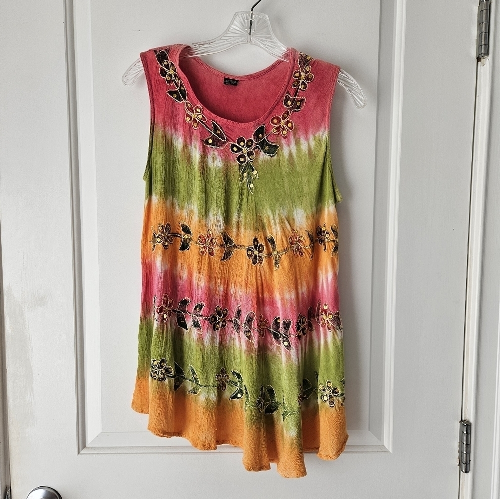Tie-dye Gauze Sequined Summer Tank Top